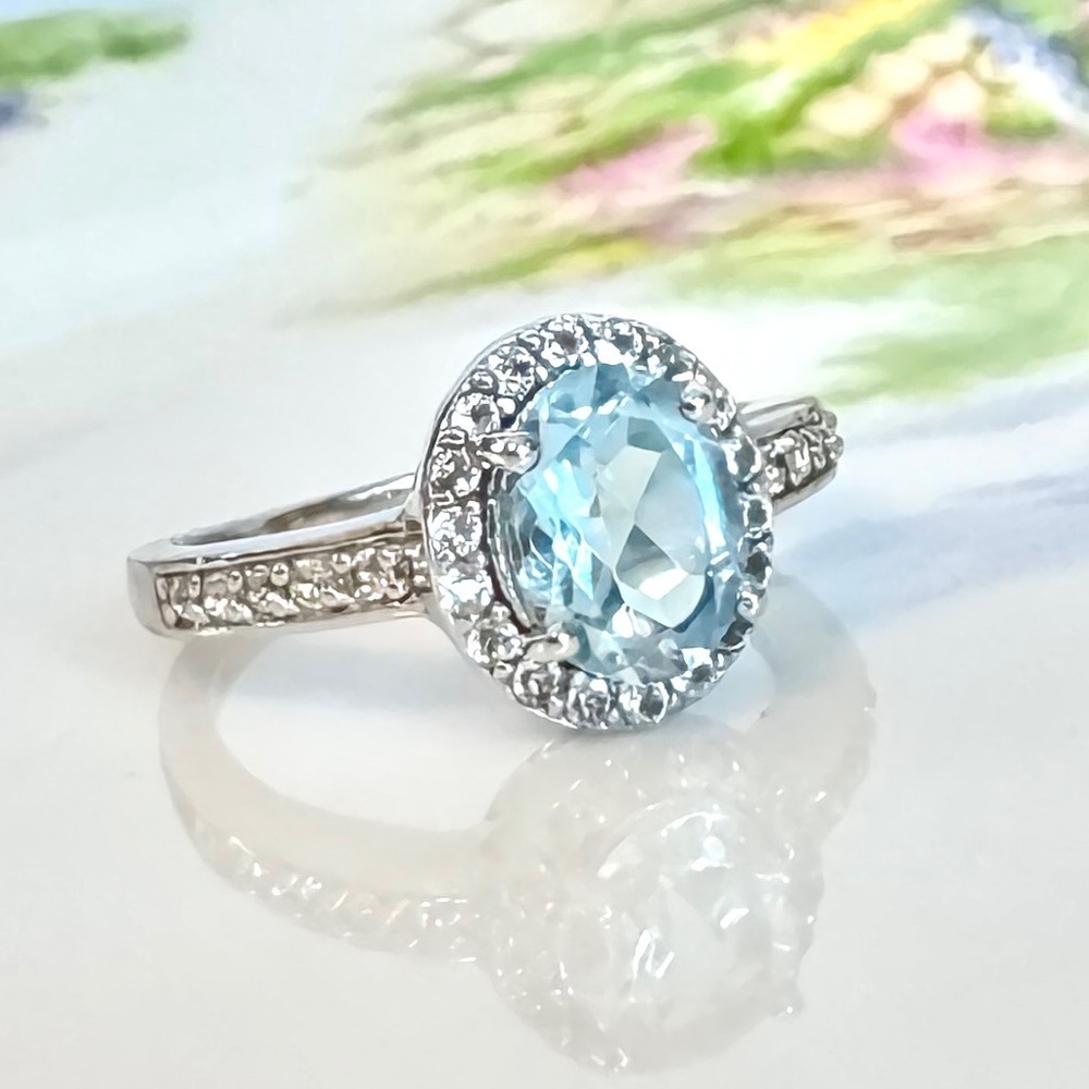 🩵Sky Blue & White Topaz Halo Sterling Silver Ring (6)